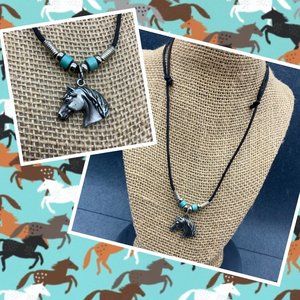 Horse Head Pendant Necklace As Is SIlver Black Adj Cord Turquoise Blue Western